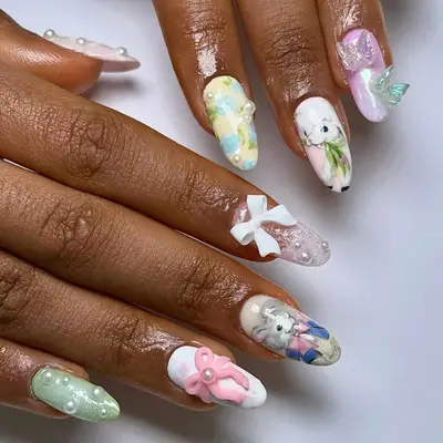 a mismatched manicure with spring motifs