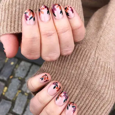 Autumn Floral Nails with caramel, burgundy, black, and evergreen accents