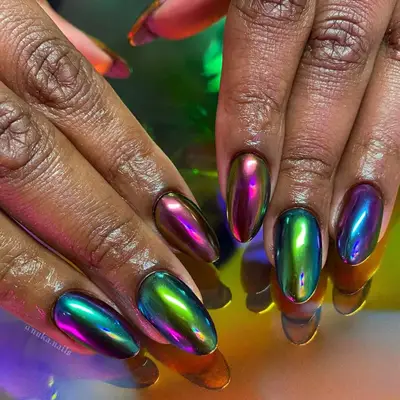 Multi-color chrome almond-shaped nails