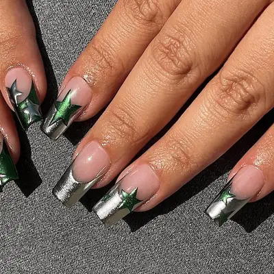 Silver and green French chrome with stars