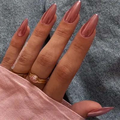 Rose gold long chrome nails