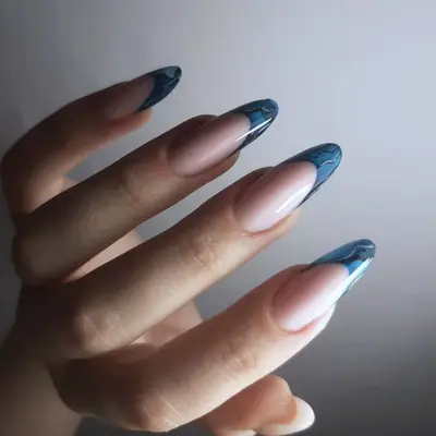 French tip dark teal marble nails