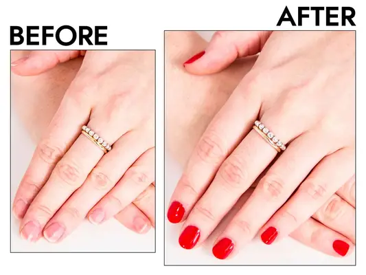 Before and after using Essie Gel Couture Longwear Nail Polish on a person