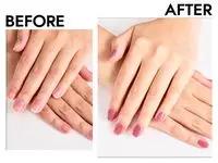 A hand curing a base coat of Madam Glam Soak-Off Gel Polish under UV light next to three bottles of polish