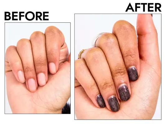 A hand before and after applying Sally Hansen Miracle Gel Nail Polish
