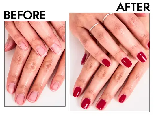 Three sets of hands showcasing different manicures with gel polish