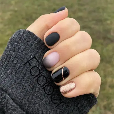 multi color nails with ombre and gold line design