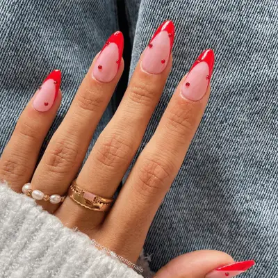 @phoebesummernails / red french tips with red stones