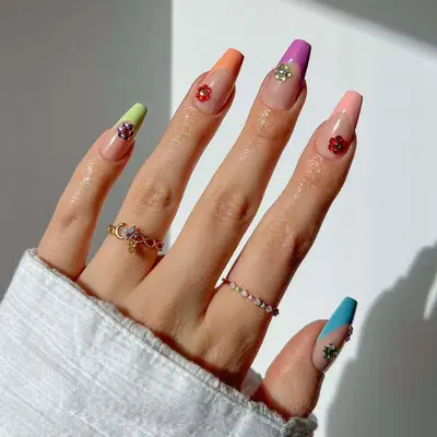 Rhinestone flower pastel Skittle French mani - MYM Beauty Summer French Manicures