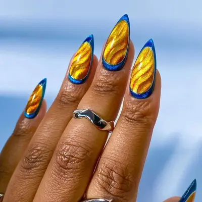 blue and gold velvet nails