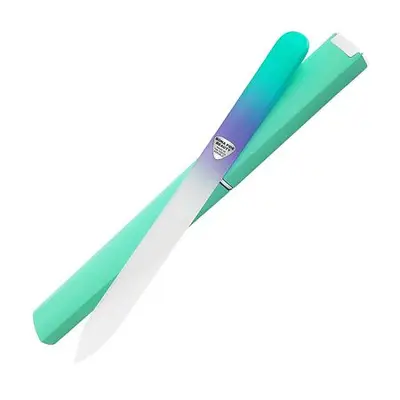 Teal blue crystal nail file on a white background.