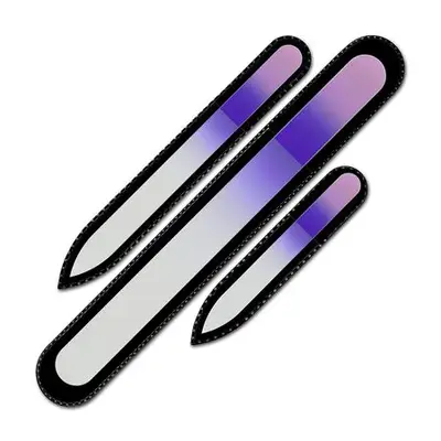 Three purple ombre crystal nail files on a white background.