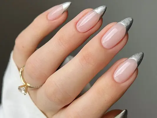 French manicure with silver chrome tips and glossy finish