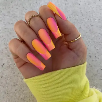 orange and pink ombre long square-shaped nails