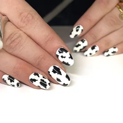 Rounded nails with black-and-white cow print design all over