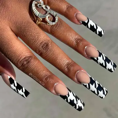 Long houndstooth French nails