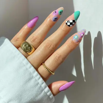 Checker accent lilac, mint, and cornflower nails