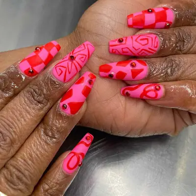 Matte Pink and Red Check nails