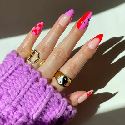 lilac and red checkerboard nails