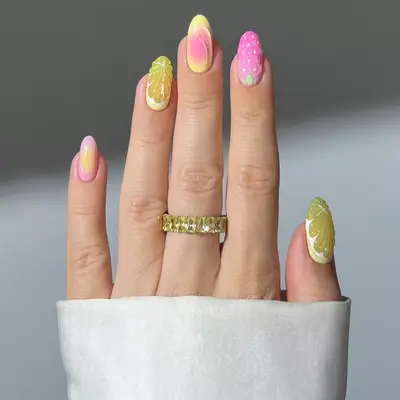 pink and yellow lemon nail art manicure