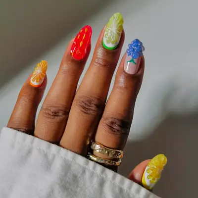 fruit salad manicure orange, strawberry, lime, blueberries, lemon