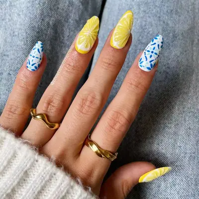 jelly lemon nails and white and blue tile nails
