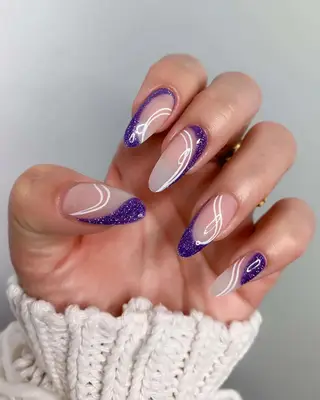 purple velvet nails with white swirls 