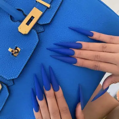 Cardi B matching long blue acrylic nails to blue birkin bag