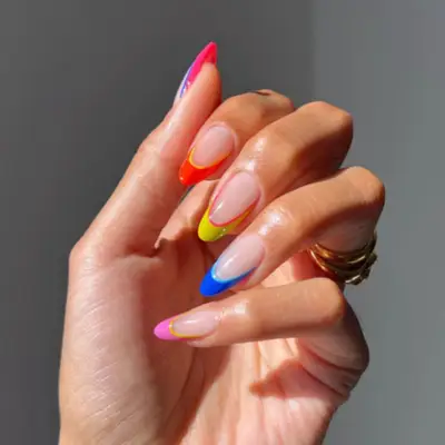 Neon mix-and-match double French manicure.