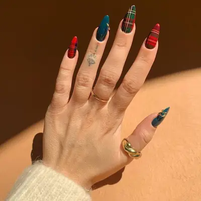 Red, green, and blue plaid almond acrylic manicure