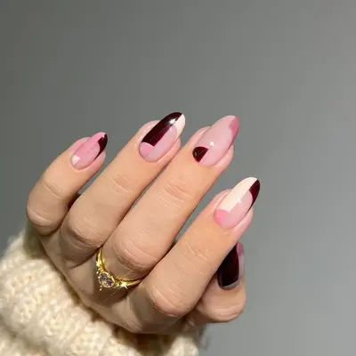 Rosy-pink color-block halfsie nails with notes of cream and dark cherry - MYM Beauty Halfsie Manis