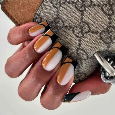 Toasted marshmallow square halfsie nails with black cutout French tips - MYM Beauty Halfsie Manis