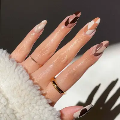 Color-block latte heart halfsie nails in various neutral shades - MYM Beauty Halfsie Manis