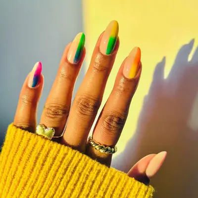 Ombre rainbow halfsie nails in shades of pink, blue, green, yellow, and orange - MYM Beauty Halfsie Manis