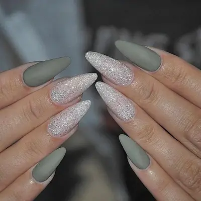 Gray-green matte manicure with silver glitter accent nails