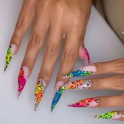 Matte Lisa Frank rainbow leopard print manicure with sparkly foil detail