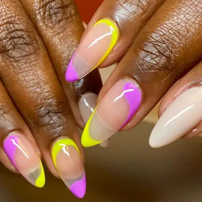 yellow and purple reverse french nails
