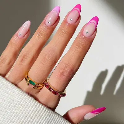 A French manicure with bubblegum-pink double tips