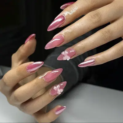 chrome sparkle sheer pink nails closeup