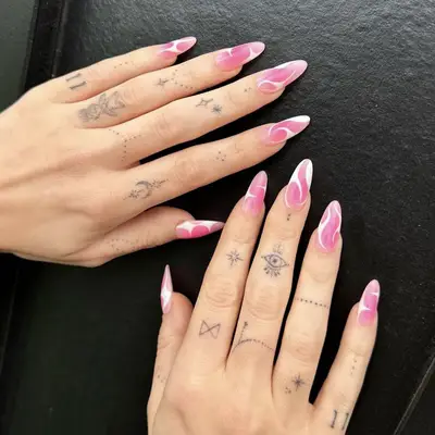 pink aura nails white accent megan fox manicure