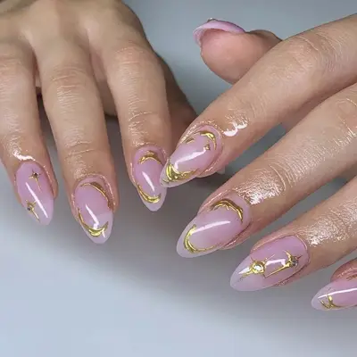 gold accent sheer pink nails