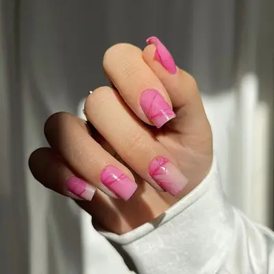 bright pink nails fine lines detail manicure closeup