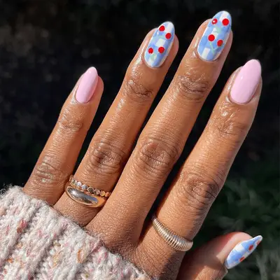 Blue gingham and pink nails with cherries
