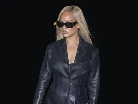 rihanna in new york in a black leather jacket