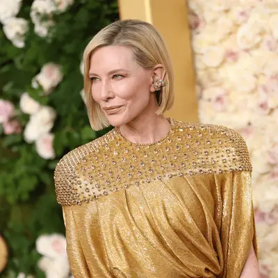 Cate Blanchette in a gold dress at the golden globes