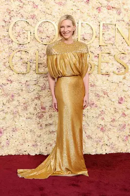 Cate Blanchett in a gold gown at the 2025 Golden Globe Awards