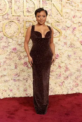 Quinta Brunson at the 2025 Annual Golden Globe Awards in a beaded brown gown