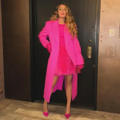 Blake lively with an all pink outfit and hot pink lips