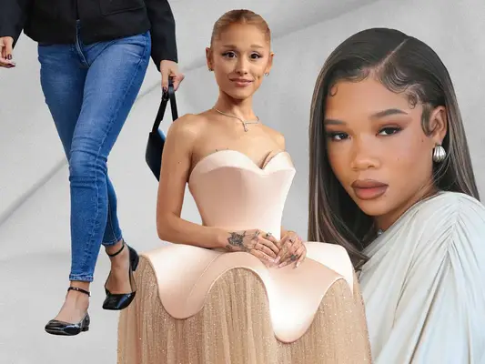 Blue Skinny Jeans, Ariana Grande Wearing Light Pink at the Oscars, and Storm Reid with a Side Part Hairstyle