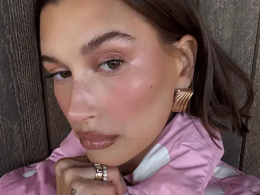 Hailey Bieber wearing sparkly pink 